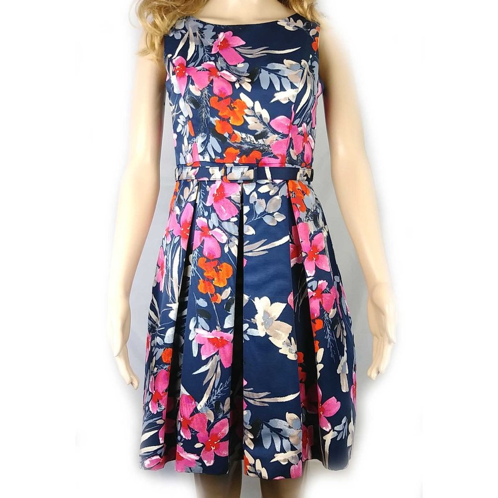 Eliza J Floral Sleeveless Belted Fit & Flare Dress Blue Multicolor Size 0P
